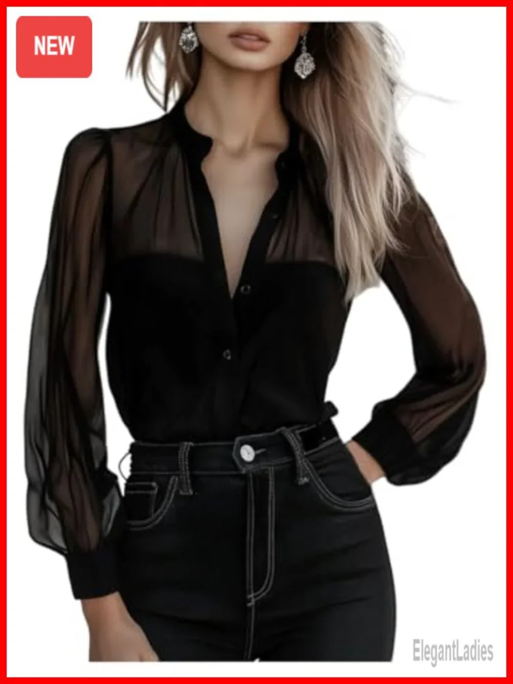 Sheer Button Up Blouse Mesh Long Sleeve Business Casual Work Top